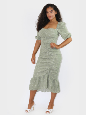 Sage Green Polka Dot Ruched Front Frill Hem...