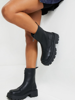 Black Chunky Zip Front Hiker Biker Boot