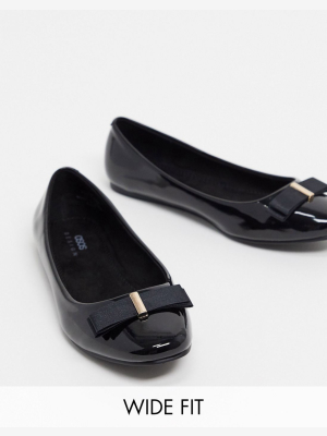 Asos Design Wide Fit Luna Bow Ballet Flats In Black Patent