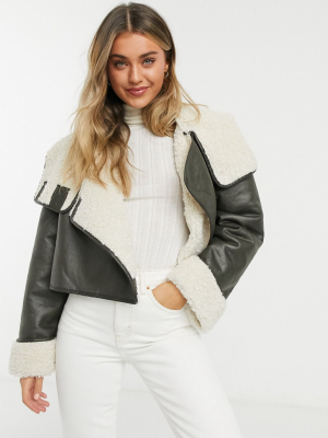 Asos Design Shearling Chuck On Jacket In Khaki