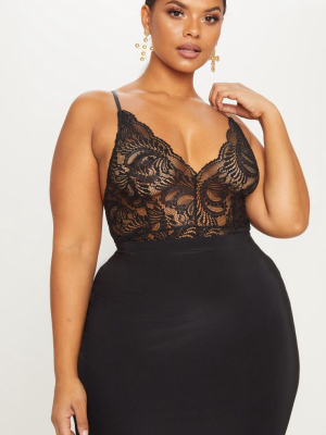 Plus Black Sheer Lace Cross Back Bodysuit