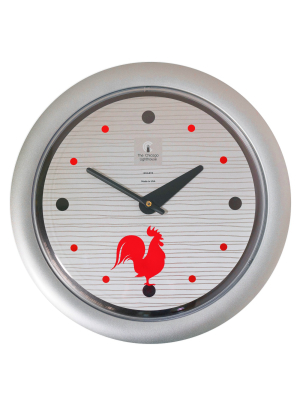 14" X 1.8" Morning Rooster Decorative Wall Clock Silver Frame - By Chicago Lighthouse