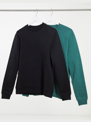 Asos Design Organic Sweatshirt 2 Pack In Black/green