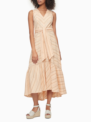 Linen Blend Striped Tie Waist Maxi Dress