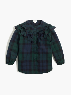 Girls' Ruffle-front Top In Black Watch Plaid