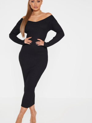 Black Off Shoulder Rib Knitted Midaxi Dress