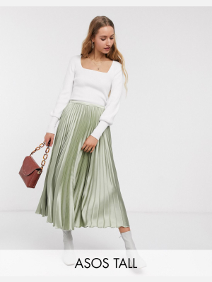 Asos Design Tall Satin Pleated Midi Skirt In Green