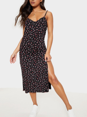 Black Floral Print Jersey Split Midi Dress