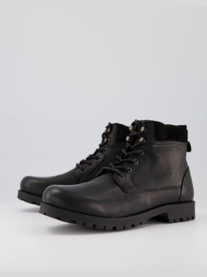 Asos Design Lace Up Worker Boots In Black Leather