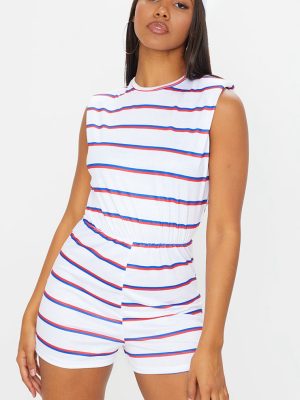 White Striped Crew Neck Shoulder Pad T Shirt...