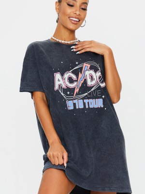 Black Acdc Live Print Acid Wash T Shirt Dress