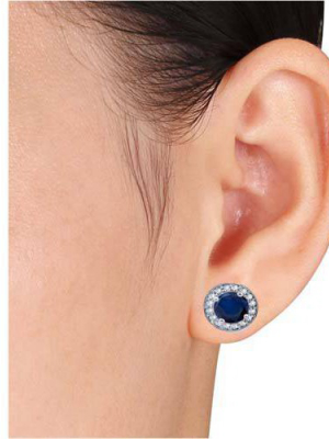 Pompeii3 5/8ct Halo Diamond Blue Sapphire Studs 14k White Gold