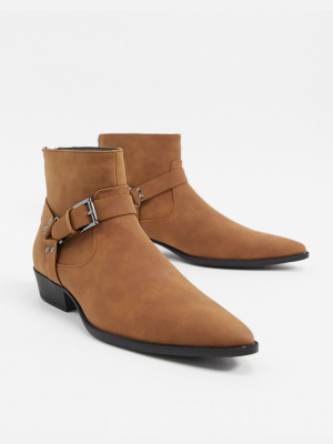 Asos Design Stacked Heel Western Chelsea Boots In Tan Faux Suede With Strap