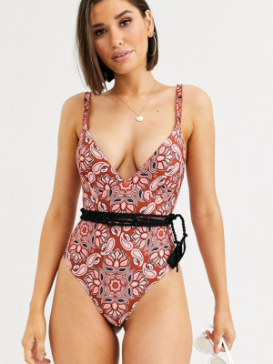 Paisley Print V Neck Brazilian Cut One Piece Swimsuit