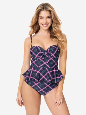 Unique Vintage Navy & Pink Plaid Peplum Solana Tankini Swim Top