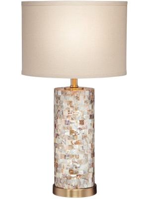 360 Lighting Coastal Accent Table Lamp Mother Of Pearl Tile Cylinder Cream Linen Drum Shade For Living Room Family Bedroom Bedside