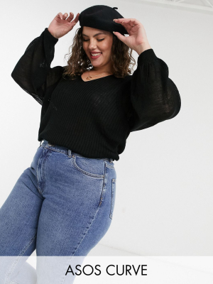 Asos Design Curve V Neck Sweater With Volume Sleeve In Black