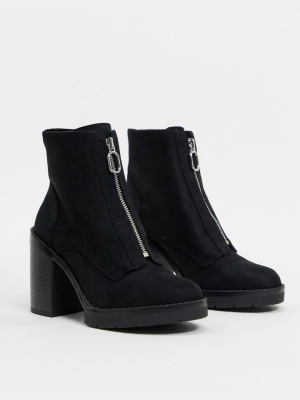 Pull&bear Zip Front Faux Suede Heeled Boots In Black