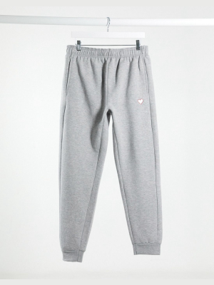 Daisy Street Relaxed Sweatpants In Gray Marl With Heart Embroidery