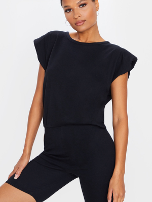 Black Shoulder Pad Crew Neck Unitard