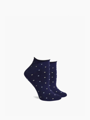 Rose Low Top Roll Socks - Navy Blue Polka Dot Print