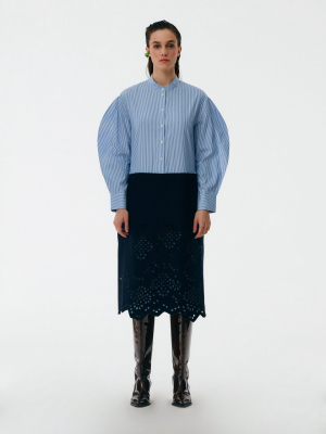 Eyelet Embroidery On Felted Wool Striped Shirtdress