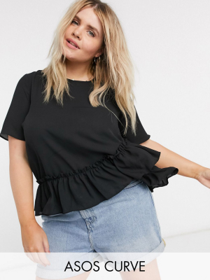 Asos Design Curve Woven T-shirt With Ruffle Hem In Black