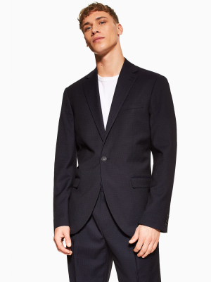 Navy Slim Fit Pindot Single Breasted Suit Blazer With Notch Lapels