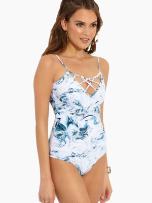 Sao Paulo Strappy Caged One Piece Swimsuit - Deep Blue Marble Print