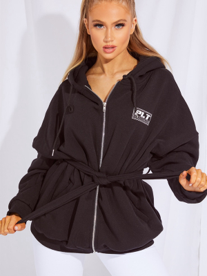 Prettylittlething Black Slogan Belted Hoodie