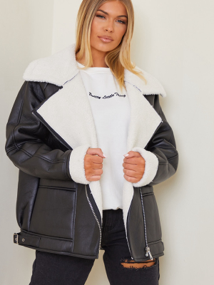 Black Faux Leather Contrast Borg Oversized...