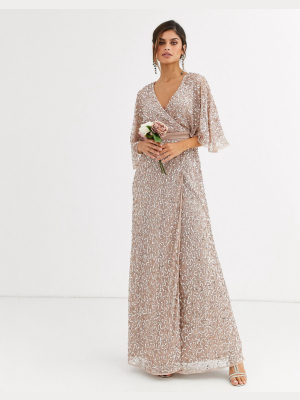 Maya Bridesmaid Delicate Sequin Wrap Maxi Dress In Taupe Blush