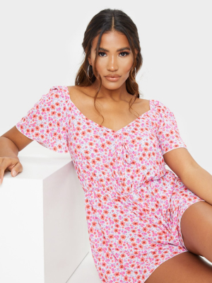 Pink Ditsy Floral Frill Sleeve Romper