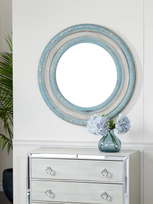 36" X 36" Large Round Vintage Light Wood Carved Wall Mirror Blue/white - Olivia & May