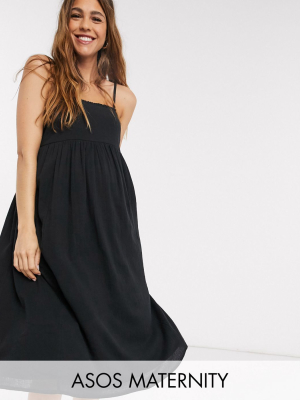 Asos Design Maternity Cami Midi Tiered Crinkle Sundress In Black