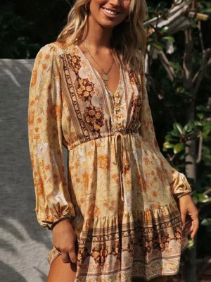 Flowy Bohemian Print Button Front V Neck Midi Dress