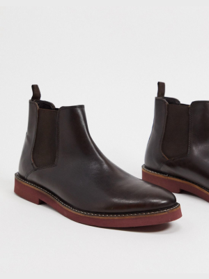 Asos Design Chelsea Boots In Brown Leather With Contrast Sole