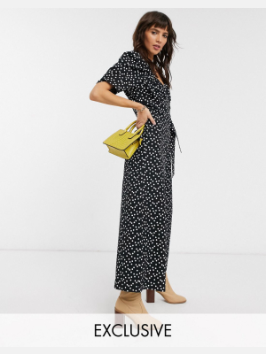 Reclaimed Vintage Inspired Polka Dot Jumpsuit With Wrap Front In Black