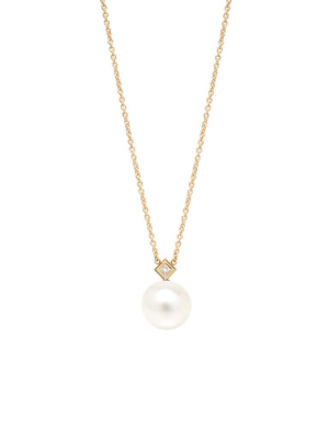 14k Pearl And Princess Diamond Necklace