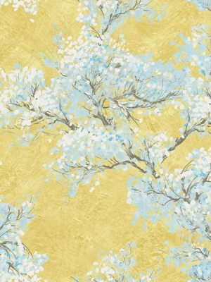 Cherry Blossom Wallpaper In Yellow And Blue From The French Impressionist Collection By Seabrook Wallcoverings