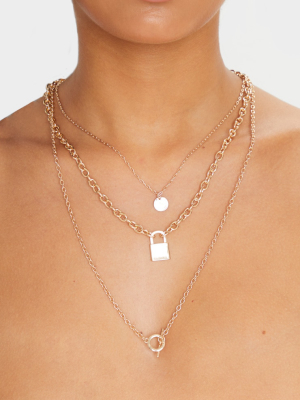 Gold T Bar And Padlock Triple Layering Necklace