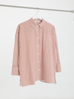 Asos Design Long Sleeve Oversized Cotton Dad Shirt In Red And Cream Stripe