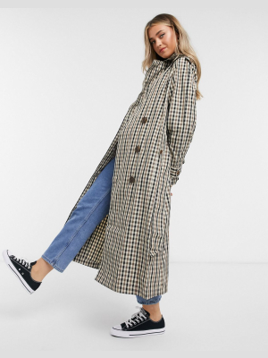 Asos Design Check Trench Coat In Brown