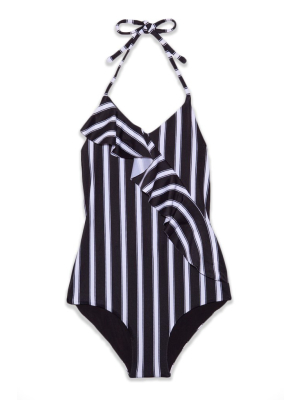 Angi Ruffle Halter One Piece Swimsuit (kids) - Black & White Stripe Print