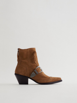 Heeled Split Leather Buckled Cowboy Ankle Boots