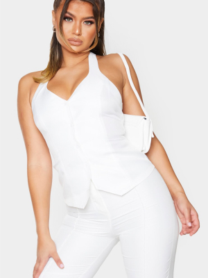 White Woven Button Up Halter Waistcoat Top