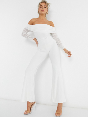 Club L London Mesh Detail Bardot Detail Wide Leg Jumpsuit In White