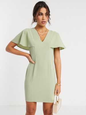 Asos Design Angel Sleeve V Neck Mini Shift Dress In Sage Green