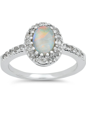 Pompeii3 3/4ct Oval Opal & Diamond Halo Ring 14k White Gold