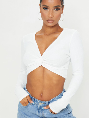 Cream Textured Rib Twist Front Long Sleeve Crop...